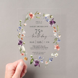 Invitations En Acrylique Élégantes Fleurs Sauvages Féminines 75e Anniversai