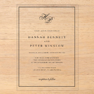 Invitations En Acrylique Élégantes Initiales Monogramme Cadre Mariage Noir