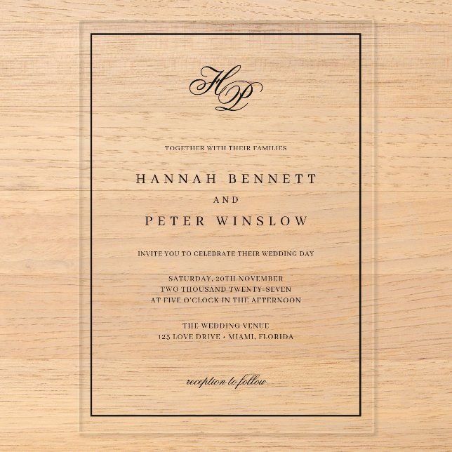 Invitations En Acrylique Élégantes Initiales Monogramme Cadre Mariage Noir (Recto)
