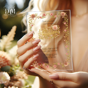 Invitations En Acrylique Élégantes Photos de Mariage aux Dahlias Rose et Éc