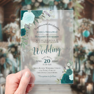 Invitations En Acrylique Élégantes Roses Aquarelles Sarcelle et Aqua Mariag