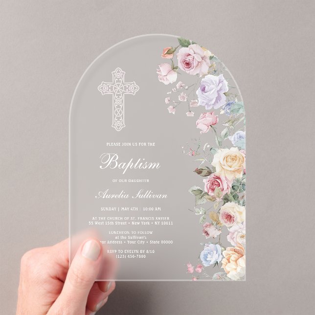 Invitations En Acrylique Élégantes Roses Arche Baptême (In situ (ordinateur de poche))