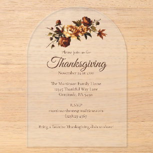 Invitations En Acrylique Élégantes Roses Brunes d'Automne Fleurs de Thanksg