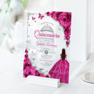Invitations En Acrylique Élégantes Roses Fuchsia Roses Argent Quinceanera