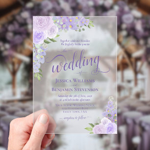 Invitations En Acrylique Élégantes roses lavande violettes bohèmes élégante