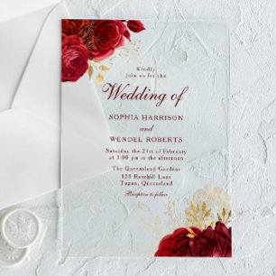 Invitations En Acrylique Élégantes Roses Rouges Romantiques & Mariage Or
