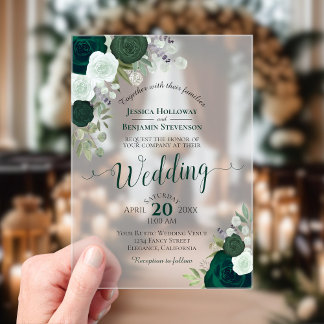 Invitations En Acrylique Élégantes Roses Vert Émeraude Aquarelle Mariage