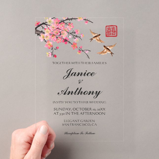 Invitations En Acrylique Élégants fleurs oiseaux mariage chinois (In situ (ordinateur de poche))
