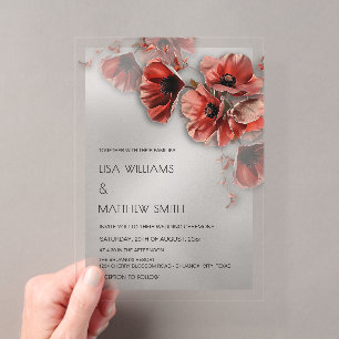 Invitations En Acrylique Élégants Fleurs Rouges Argentées Transparentes Mar