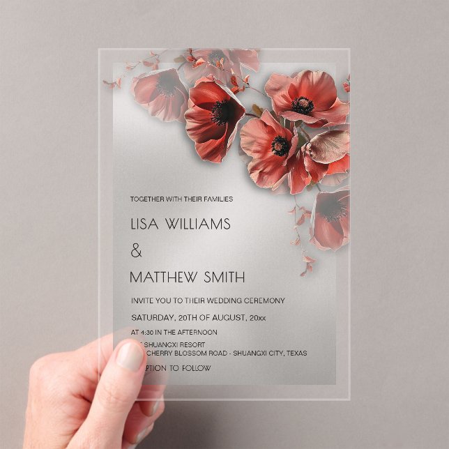 Invitations En Acrylique Élégants Fleurs Rouges Argentées Transparentes Mar (In situ (ordinateur de poche))