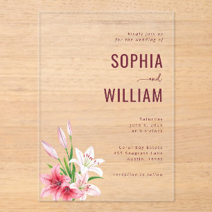 Invitations En Acrylique Élégants lys floraux gris