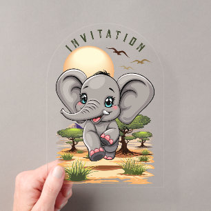 Invitations En Acrylique Éléphant Bébé Saute Heureux dans la Savane Africai