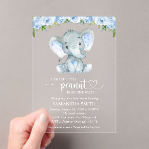 Invitations En Acrylique Éléphant, Fleurs Aquarelle Bleue, Baby Shower