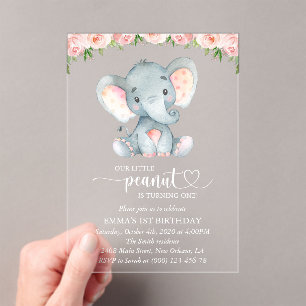 Invitations En Acrylique Eléphant, Fleurs Aquarelles Roses, Premier Anniver
