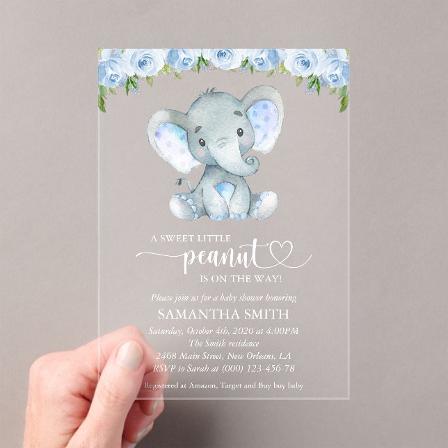 Invitations En Acrylique Eléphant, Fleurs d'aquarelle bleue, Baby shower (In situ (ordinateur de poche))
