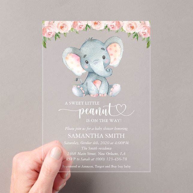 Invitations En Acrylique Eléphant, Fleurs d'aquarelle rose, Baby shower (In situ (ordinateur de poche))