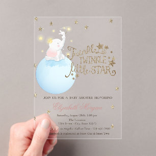Invitations En Acrylique Éléphant, Lune, Étoiles Brillantes Rayées Baby Sho