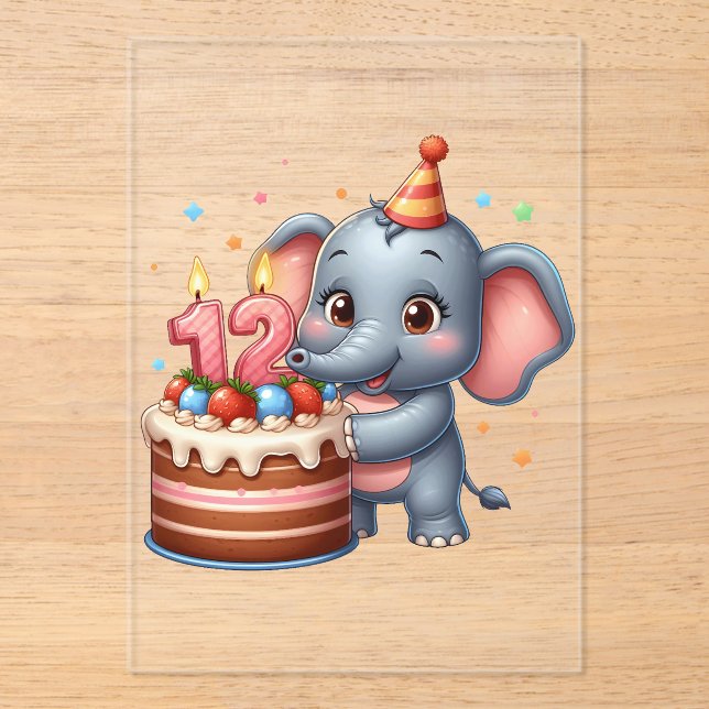 Invitations En Acrylique Éléphant Mignon 12e Anniversaire (Recto)
