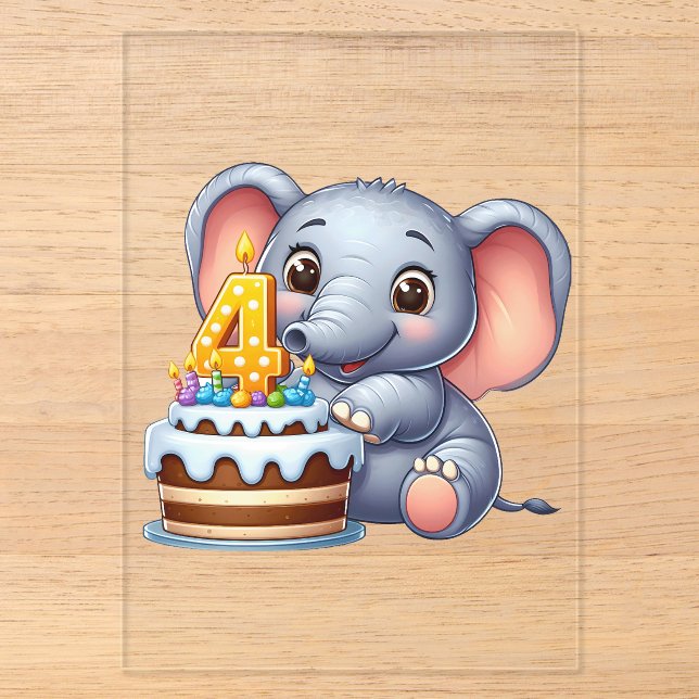 Invitations En Acrylique Éléphant Mignon 4ème Anniversaire (Recto)