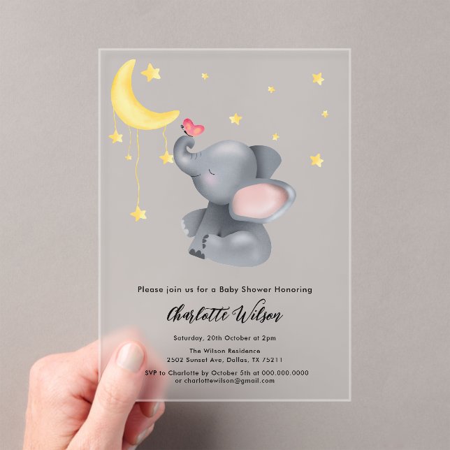 Invitations En Acrylique Eléphant mignon avec petit Baby shower papillon (In situ (ordinateur de poche))