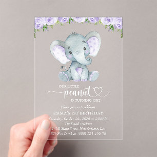 Invitations En Acrylique Eléphant mignon, Fleurs pourpres, Premier Annivers