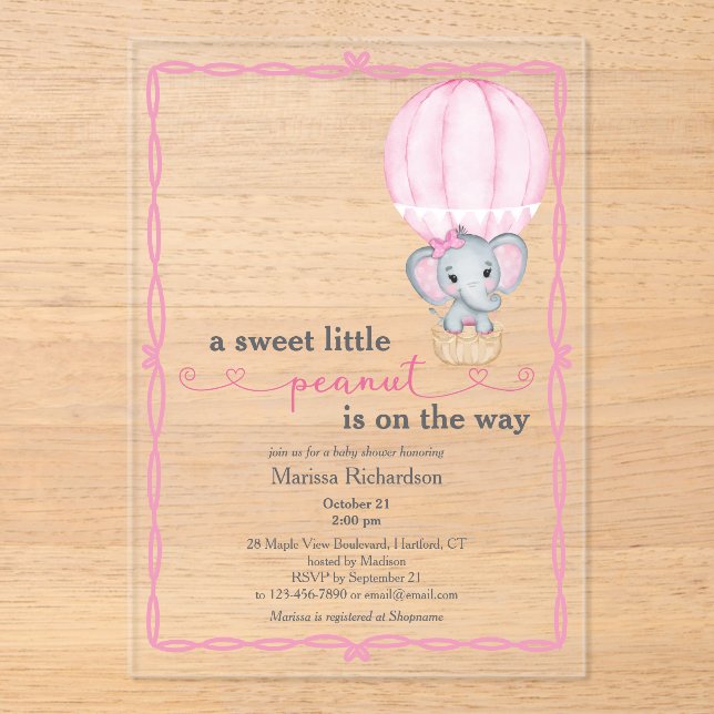 Invitations En Acrylique Eléphant rose bébé fille douche (Recto)