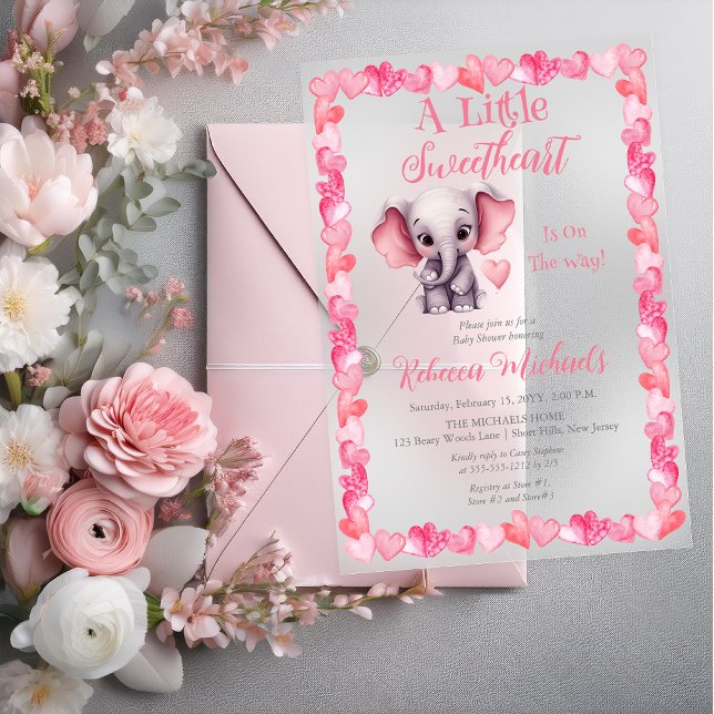 Invitations En Acrylique Elephant Un Petit Baby shower Fille Amoureuse (Elephant "A Little Sweetheart Is On The Way!" Pink Hearts Girl Baby Shower Acrylic Invitation)