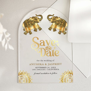 Invitations En Acrylique Éléphants ethniques dorés Enregistrer la date du m