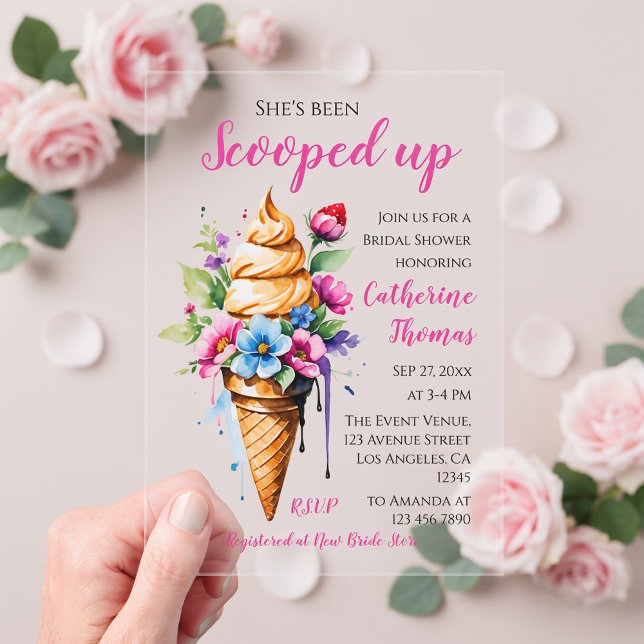 Invitations En Acrylique Elle a été ramassée dans la Fête des mariées de gl (Front view she’s been scooped up blush girly pretty pink ice cream bridal shower acrylic invitation)