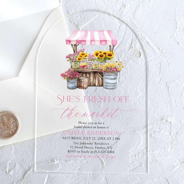 Invitations En Acrylique Elle est fraîche sortie du marché Arched Enterreme (She's Fresh Off The Market Bridal Shower Arched Acrylic Invitations)