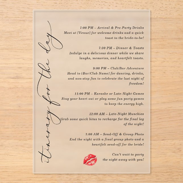 Invitations En Acrylique Embrasse l'Itinéraire Miss Adieu pour la journée (Recto)