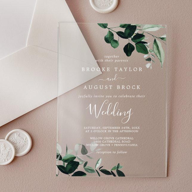 Invitations En Acrylique Emerald Green Blanc moderne Boho Moody Mariage (Emerald Greenery White Modern Boho Moody Wedding Acrylic Invitations)