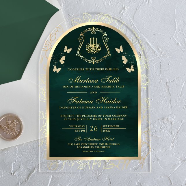 Invitations En Acrylique Emerald Green Butterfly Arch Mariage musulman (Créateur téléchargé)