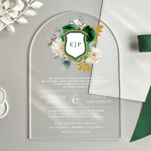 Invitations En Acrylique Emerald Green Floral Crest Mariage