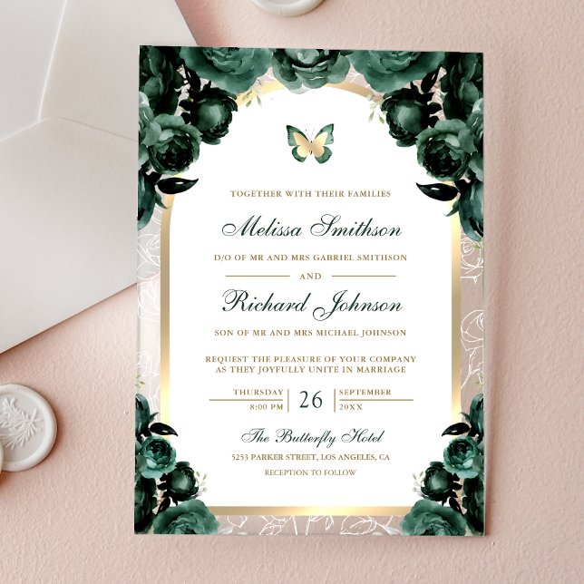 Invitations En Acrylique Emerald Green Floral Gold Arch Butterfly Wedding (Créateur téléchargé)