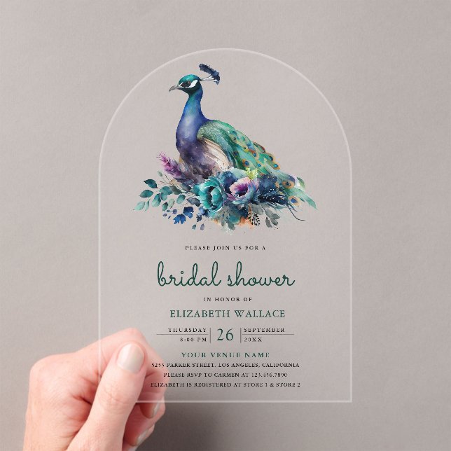 Invitations En Acrylique Emerald Green Floral Peacock Bridal Shower (In situ (ordinateur de poche))