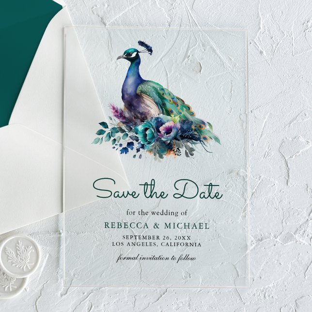 Invitations En Acrylique Emerald Green Floral Peacock Mariage Enregistrer l (Créateur téléchargé)