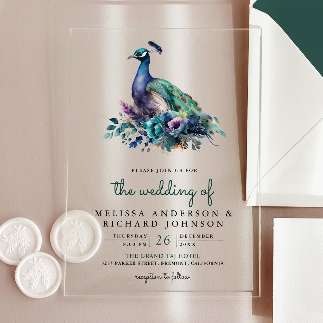 Invitations En Acrylique Emerald Green Floral Peacock Wedding (Créateur téléchargé)
