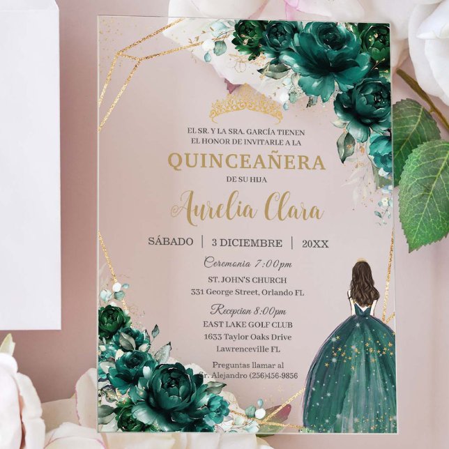 Invitations En Acrylique Emerald Green Floral Princess Gold Quinceañera XV (emerald green floral gold Quinceañera princess dress hispanic spanish girl birthday acrylic invite)