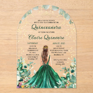 Invitations En Acrylique Emerald Green Floral Princess Quinceanera