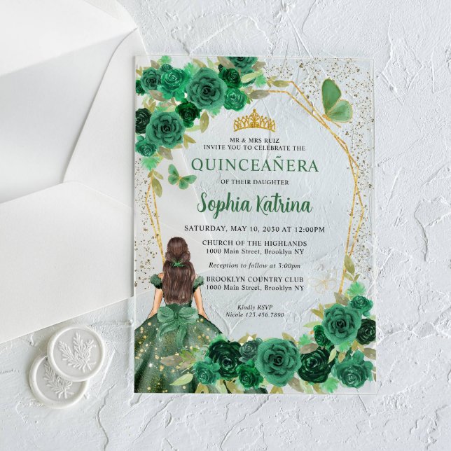 Invitations En Acrylique Emerald Green Floral Princess Quinceañera (Créateur téléchargé)