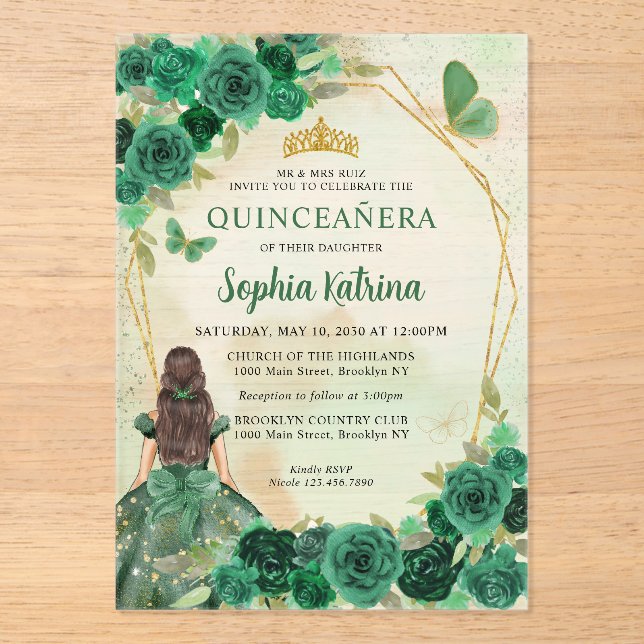 Invitations En Acrylique Emerald Green Floral Princess Quinceañera (Recto)