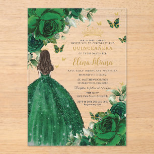 Invitations En Acrylique Emerald Green Floral Princess Quinceañera Sweet 16