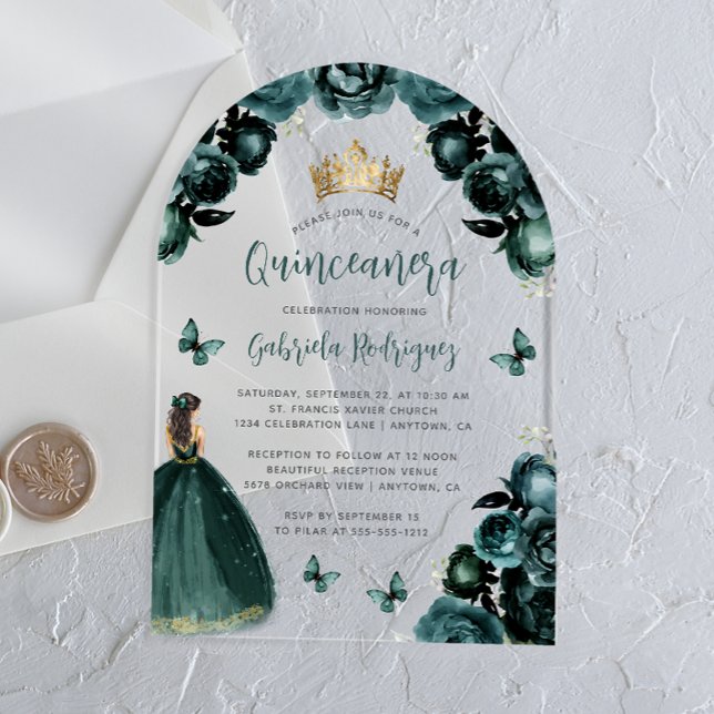 Invitations En Acrylique Emerald Green Floral Rose Aquarelle Quinceañera (Créateur téléchargé)