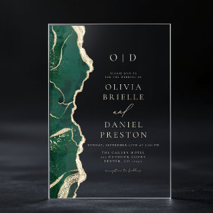 Invitations En Acrylique Emerald Green Gold Agate Mariage Monogramme