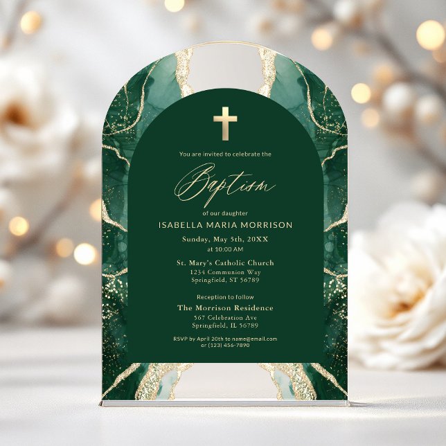 Invitations En Acrylique Emerald Green Or Agate Baptême Moderne Élégant (Créateur téléchargé)