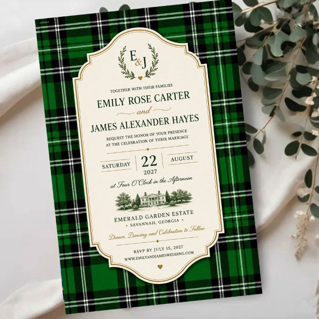 Invitations En Acrylique Emerald Green Plaid Elegant Scottish (Créateur téléchargé)