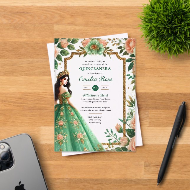 Invitations En Acrylique Emerald Green Quinceanera Robe Fleurs (Insitu (Carte d'invitation))