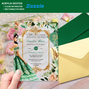 Invitations En Acrylique Emerald Green Quinceanera Robe Fleurs