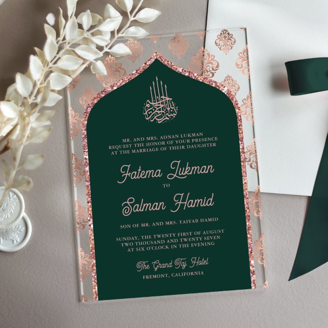 Invitations En Acrylique Emerald Green Rose Gold Damask Arch Mariage musulm (Créateur téléchargé)